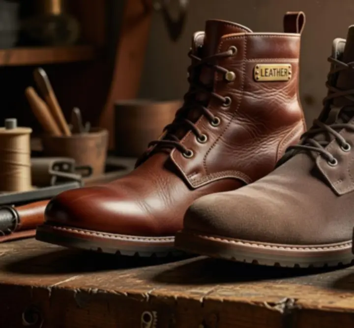 Zbliżenie na różne materiały bootsów, takie jak skóra i tkaniny techniczne.