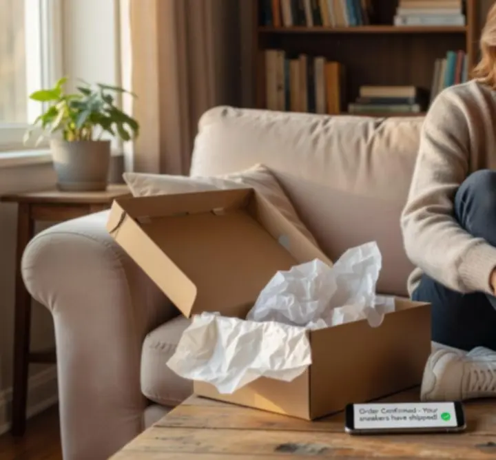 Osoba przeglądająca opinie o sneakersach na laptopie i prezentująca buty