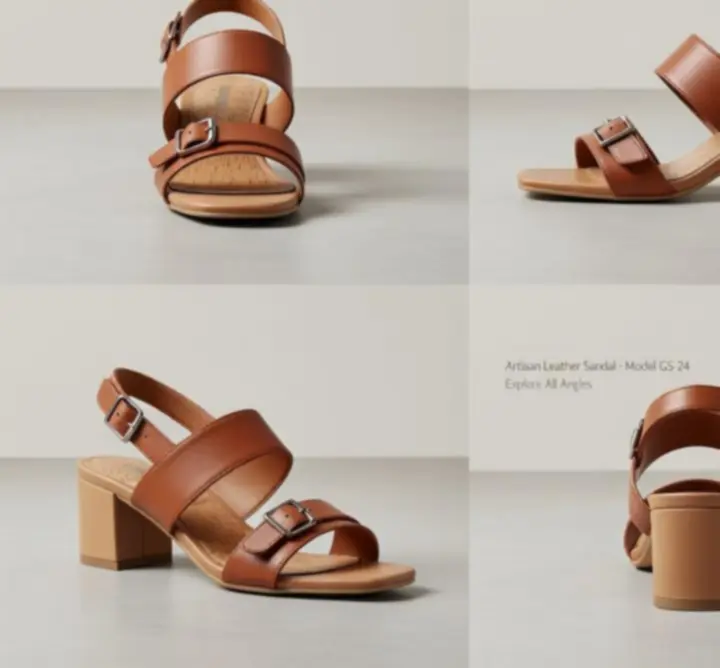 Zbliżenia sandałów z różnych kątów prezentujące materiały, sprzączki i wkładki