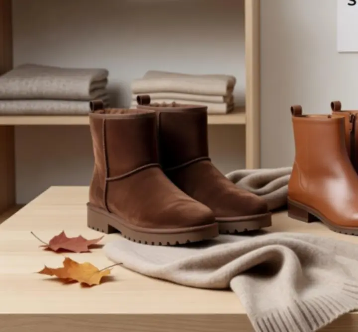 Wybór sezonowych bootsów w różnych kolorach ustawionych na minimalistycznym tle.