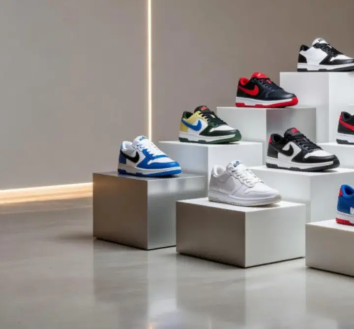 Minimalistyczna kompozycja różnych modeli sneakersów prezentowanych na jasnym tle